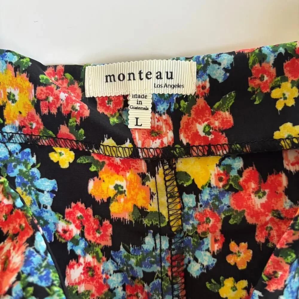 Monteau Floral Boho High Waisted Front Tie Shorts Women’s Large Black Multicolor - Picture 2 of 7